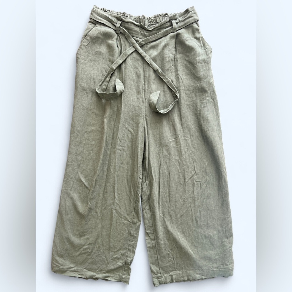 Dotti Womens Linen Blend Green Capri Wide Leg High Waist Tie Boho Pants Small